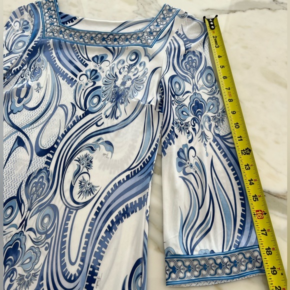 EMILIO PUCCI BLUE WHITE BELL SLEEVE SQUARE NECK DRESS SIZE IT 40 / US 6 - Picture 13 of 16